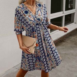 Boho Navy Floral Print Ruffle Sleeve Mini Dress Cottagecore